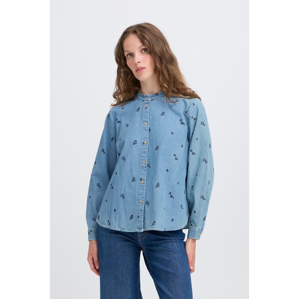 Ichi Womens Iharcher Embroidered Denim Top Size 36 US S Blueโ Frilled Collar